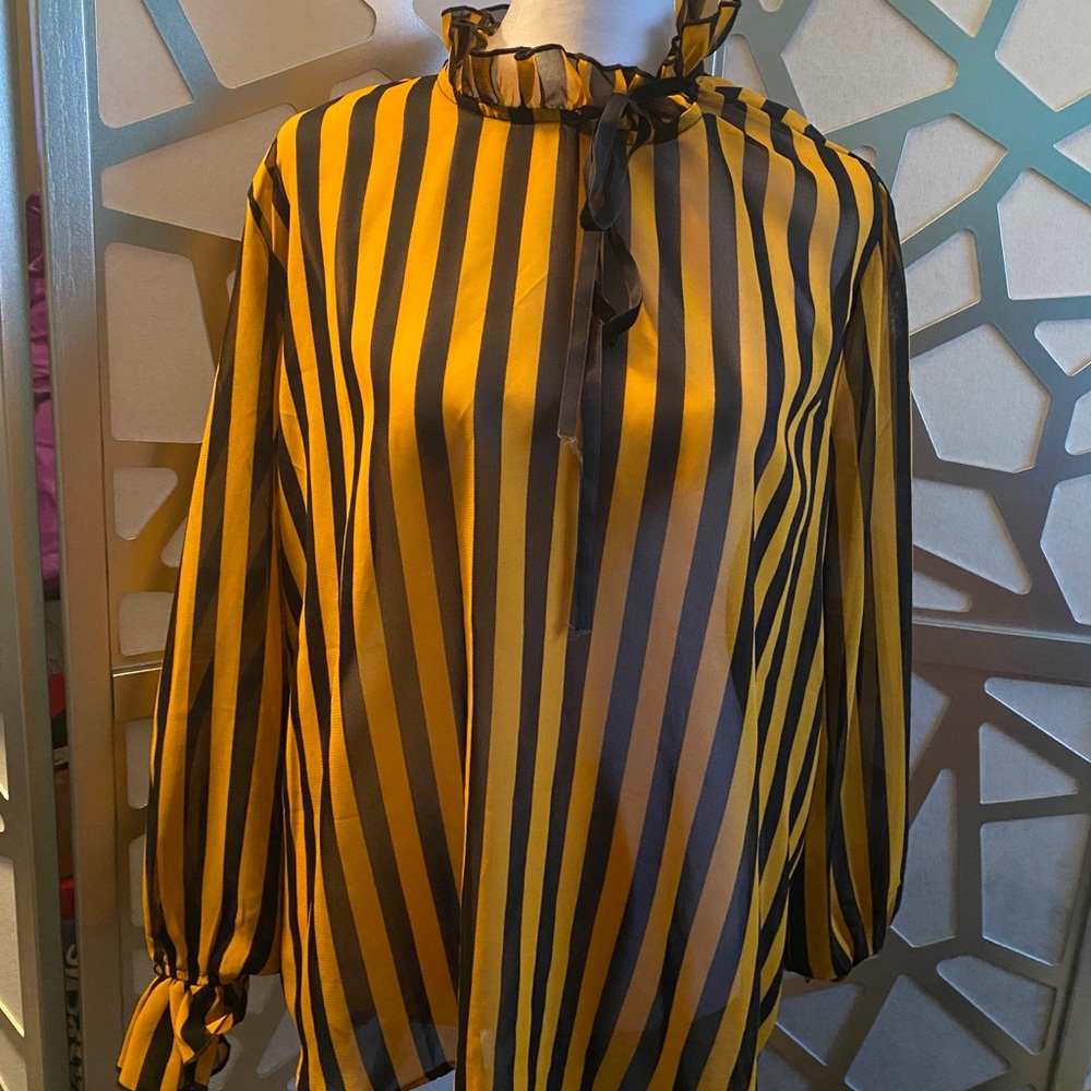 Yellow and navy striped see-thru blouse in XL.